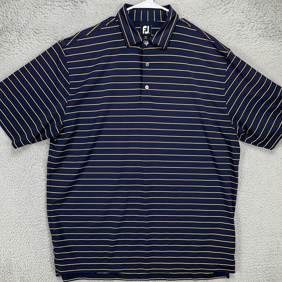 FootJoy FJ Men Golf Polo Shirt 2XL Navy Gold Stripes Stretch Rugby Short Sleeve